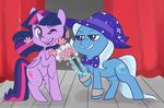  2015 blue_fur blue_hair bow_tie cutie_mark digital_media_(artwork) duo equine eyelashes female flower friendship_is_magic fur grin hair hat horn horse magic magic_wand mammal mt my_little_pony pink_hair plant pony purple_eyes purple_fur purple_hair signature smile sparkles stage star teeth three_tone_hair trixie_(mlp) twilight_sparkle_(mlp) unicorn_horn winged_unicorn wings wizard_hat 