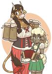  2017 2_fingers 4_fingers accordion alcohol anthro arm_tuft beer beverage big_breasts biped blush blush_sticker bodice bovine bow braided_hair breast_size_difference breasts brown_eyes brown_fur brown_hooves brown_horn brown_tail caprine chest_tuft clothed clothing cup curved_horn digital_drawing_(artwork) digital_media_(artwork) dirndl dress duo female fluffy fluffy_tail foam front_view frown fur green_clothing hair half-closed_eyes head_tuft hi_res holding_cup holding_musical_instrument holding_object hooved_fingers horn inner_ear_fluff lacing lederhosen long_tail looking_away mammal mary_(slightlysimian) minotaur mismatched_ears molly_(slightlysimian) multicolored_fur musical_instrument oktoberfest orange_background outline pigtails pink_nose ponytail portrait red_clothing ribbons sheep short_tail simple_background size_difference skirt slightlysimian small_breasts small_waist smile spots spotted_fur spotted_tail standing tail_bow tail_ribbon tail_tuft tailbow tan_fur tan_spots tan_tail three-quarter_portrait tuft twin_braids two_tone_fur two_tone_tail unimpressed voluptuous white_background white_fur white_horn white_tail wide_hips wool 