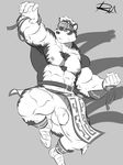  2017 action_pose armor artist_signature balls belt black_and_white body_hair canine chest_hair clothing flaccid foreskin headband horkeukamui loincloth male male_focus mammal monochrome muscular muscular_male nipples penis poking_out reclamon solo tokyo_afterschool_summoners vein veiny_penis wolf 