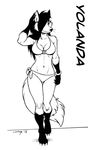  2016 4_toes anthro barefoot bikini breasts canine claws clothing female fox hair hair_over_eye long_hair looking_at_viewer mammal megan_giles midriff monochrome navel simple_background solo swimsuit toe_claws toes whiskers 