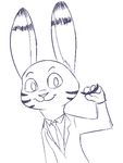  2017 :3 anthro black_and_white clothed clothing dipstick_ears disney facial_markings holding_object jack_savage lagomorph looking_at_viewer male mammal markings monochrome necktie rabbit simple_background smile solo suit tggeko what white_background zootopia 