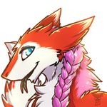 2017 ambiguous_gender anthro azaly blue_eyes braided_hair bright_eyes bust_portrait chest_tuft digital_media_(artwork) forked_tongue fur girly green_tongue hair looking_at_viewer minhpupu pointy_ears portrait purple_hair red_fur sergal side_view simple_background smile solo tail_tuft tongue tuft watermark white_background white_fur 
