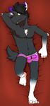  2015 anthro black_fur bulge canine chest_tuft clothed clothing coyote digital_media_(artwork) erection fur fvorte granite hair looking_at_viewer lying male mammal navel nipples penis purple_fur solo tuft underwear white_fur zawmg 