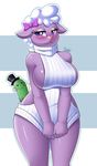  2017 absurd_res anthro beep_beep_i&#039;m_a_sheep big_breasts blush bottomless bow breasts caprine cleavage clothed clothing digital_media_(artwork) drako1997 eyelashes facial_hair female food_creature fur hair_bow hair_ribbon happy_tree_friends hat hi_res lammy_(htf) looking_at_viewer male mammal mr._pickels_(htf) mustache partially_clothed pickle purple_eyes purple_skin ribbons sheep shy side_boob simple_background smile standing sweater thick_thighs top_hat virgin_killer_sweater white_fur 