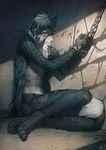  2017 anthro barefoot black_nose blue_eyes bound canine chain clothed clothing detailed_background digital_media_(artwork) digitigrade fur hair male mammal nightdancer_(character) nipples sitting solo torn_clothing wildering wolf 