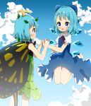  2girls antennae antidote aqua_hair bad_anatomy barefoot blue_bow blue_dress blue_eyes blue_hair blush bow butterfly_wings cirno cloud cloudy_sky detached_wings dress eternity_larva eyebrows_visible_through_hair fairy green_dress hair_between_eyes hair_bow ice ice_wings leaf leaf_on_head multicolored_clothes multicolored_dress multiple_girls open_mouth orange_eyes puffy_short_sleeves puffy_sleeves shirt short_hair short_sleeves sky smile touhou white_shirt wings 