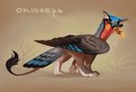  2017 akineza ambiguous_gender avian beak digital_media_(artwork) feathered_wings feathers feral gryphon russian_text simple_background smile solo text wings 