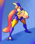 2016 amphibian anthro big_breasts blush breasts clothed clothing female fishnet greninja gwen_(sirphilliam) half-closed_eyes hand_on_breast huge_breasts lactating moth_(artist) nintendo nipples pok&eacute;mon pok&eacute;mon_(species) red_eyes solo thick_thighs topless video_games 