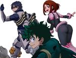  10s 1girl 2boys artist_request ass blue_hair blush blush_stickers bodysuit boku_no_hero_academia breasts brown_eyes brown_hair closed_mouth cyborg freckles green_eyes green_hair grin hips iida_tenya large_ass looking_at_viewer looking_back midoriya_izuku multiple_boys open_mouth red_eyes short_hair sideboob smile teeth thick_thighs thighs uraraka_ochako wide_hips 