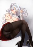  alternate_costume ass bangs black_footwear black_legwear blue_eyes blush breasts closed_mouth clothes_lift commentary_request deep_skin eyebrows_visible_through_hair foreshortening gradient gradient_background grey_background gusset high_heels kantai_collection kashima_(kantai_collection) large_breasts legs lifted_by_self long_hair looking_at_viewer lying miniskirt no_bra no_hat no_headwear pantyhose pleated_skirt red_skirt ribbed_sweater self_fondle silver_hair skirt smile solo sweater sweater_lift thighband_pantyhose tsurime underboob untsue upskirt wavy_hair white_sweater 