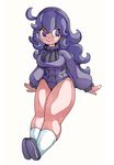  1girl @_@ ahoge al_bhed_eyes breasts full_body headband hex_maniac_(pokemon) large_breasts leotard long_hair long_sleeves looking_to_the_side matching_hair/eyes pokemon pokemon_(game) pokemon_xy purple_eyes purple_footwear purple_hair purple_leotard shoes simple_background smile socks solo swampopple thick_thighs turtleneck white_background white_socks 