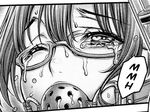  ball_gag close-up comic eyebrows_visible_through_hair gag gagged glasses greyscale lewdness lowres monochrome scan solo speech_bubble tears 
