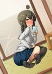  alternate_costume ass ayuayu_(shouyu_no_sato) black_legwear blush bow braid breasts brown_hair camera_flash casual cellphone female_pov from_behind grey_eyes holding holding_phone indoors isonami_(kantai_collection) kantai_collection long_hair looking_at_viewer looking_back mirror no_shoes open_mouth panties pantyshot phone pov red_bow seiza self_shot sidelocks sitting skirt skirt_lift small_breasts smartphone solo table tatami thighhighs thighs underwear 