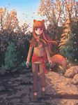  animal_ears aposine arms_at_sides autumn capelet capri_pants day forest full_body hair_blowing highres holo loafers long_hair long_sleeves looking_at_viewer nature outdoors pants red_eyes red_hair sash scarf shadow shoes sidelocks smile solo spice_and_wolf tail tree twilight walking wind wolf_ears wolf_girl wolf_tail 