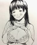  bad_id bad_twitter_id blush bra breasts cleavage commentary_request greyscale highres ink kamiyama_aya large_breasts long_hair monochrome original shirt_lift sketch traditional_media underwear upper_body 