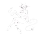  2017 armlet beverage big_breasts bottle breasts clothed clothing crossed_legs cup demon ear_piercing female hair helga_(urw) horn humanoid long_ears monochrome navel nipple_bulge not_furry piercing pointy_ears short_hair simple_background sitting sketch skimpy solo spade_tail tattoo urw white_background 