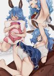  animal_ears armpits arms_up ass blue_hair blush breasts brown_eyes bunny_ears commentary erune ferry_(granblue_fantasy) granblue_fantasy long_hair looking_at_viewer panties parted_lips pillow pillow_hug sideboob small_breasts underwear wavy_hair white_panties yamaishi_(mukoubuti) yellow_eyes 