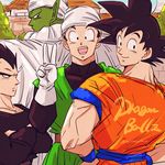  :d back_turned black_eyes black_hair black_shirt cape copyright_name crossed_arms dougi dragon_ball dragon_ball_z father_and_son gloves green_skin hand_on_hip happy looking_at_viewer looking_away looking_back male_focus miiko_(drops7) multiple_boys open_mouth piccolo pointy_ears serious shirt smile son_gohan son_gokuu turban twitter_username v vegeta wristband 