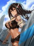  areola_slip areolae azur_lane bangle bare_shoulders black_hair black_shorts blush bracelet braid breasts closed_mouth cloud cloudy_sky cowboy_shot crop_top dark_skin day edobox expressionless feathers floating_hair hair_between_eyes hair_feathers hair_ornament holding_shield jewelry large_breasts lips long_hair looking_at_viewer midriff native_american navel necklace outdoors shield shiny shiny_skin short_shorts short_sleeves shorts sky solo south_dakota_(azur_lane) standing stomach tri_braids tsurime wind yellow_eyes 