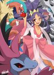  :d aggron alakoala_shoushou archeops bangs breasts cleavage collarbone dark_skin dress gen_3_pokemon gen_5_pokemon highres holding holding_poke_ball hydreigon iris_(pokemon) long_hair long_sleeves open_mouth pink_dress poke_ball poke_ball_(generic) pokemon pokemon_(creature) pokemon_(game) pokemon_bw2 purple_hair red_eyes ribbon small_breasts smile tied_hair very_long_hair wide_sleeves 