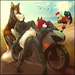  2017 avian belt bird black_hair boots breasts camel_toe camera chicken clothing duo_focus exposed_breasts female footwear fur group hair iskra leah_(lipton) long_hair motorcycle multicolored_fur nipple_piercing nipples open_jacket pants piercing pink_nose red_hair remmmy smile vehicle whiskers white_fur 