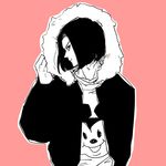  android_17 black_hair disney dragon_ball dragon_ball_z expressionless hood hood_up hooded_jacket jacket looking_at_viewer male_focus mickey_mouse miiko_(drops7) monochrome pink pink_background shirt short_hair simple_background solo spot_color white_shirt 
