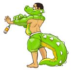 2014 animate_inanimate anthro brown_hair clothed clothing crocodile crocodilian cubi digital_drawing_(artwork) digital_media_(artwork) hair human inflatable living_inflatable male mammal pool_toy reptile scalie shorts simple_background solo sunscreen topless transformation white_background worried 