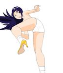 1girl 90s agent_aika artist_request bad_anatomy bangs blue_hair brown_eyes delmo female from_below golden_delmo leg_lift legs long_hair looking_down open_mouth panties pantyshot petoriyacowa_rie pixiv simple_background solo topless traditional_media underwear very_long_hair white_background white_panties 