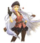  anchor belt black_gloves black_skirt breasts cervus cleavage collared_shirt commentary communism cowboy_shot cropped_legs dress_shirt gangut_(kantai_collection) gloves grey_hair grin gun hair_between_eyes hammer_and_sickle hand_on_hip hand_up handgun hat highres holding holding_gun holding_weapon jacket jacket_on_shoulders kantai_collection large_breasts long_hair looking_at_viewer military military_uniform miniskirt mouth_hold open_clothes open_shirt pantyhose parted_lips peaked_cap pipe pipe_in_mouth pistol pleated_skirt red_eyes red_shirt red_star ringed_eyes shirt simple_background skirt smile solo soviet standing star traditional_media trigger_discipline uniform weapon white_background white_jacket 