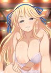  1girl blonde_hair blush breasts collarbone hair_ribbon katsuragi_(senran_kagura) large_breasts lingerie long_hair nipples ribbon senran_kagura solo sweat 