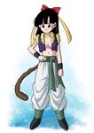  black_eyes black_hair bow breasts dragon_ball dragon_ball_heroes fusion fusion_suit hair_bow hair_ribbon karoine note_(dragon_ball) ribbon saiyan tail 