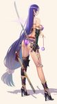  armor ass bikini bikini_armor breasts commentary_request fate/grand_order fate_(series) fingerless_gloves from_behind gloves high_heels highres holding holding_sword holding_weapon katana large_breasts long_hair looking_at_viewer looking_back low-tied_long_hair minamoto_no_raikou_(fate/grand_order) minamoto_no_raikou_(swimsuit_lancer)_(fate) purple_eyes purple_hair scabbard shadow sheath single_glove smile solo swimsuit sword takehisa_tomoe very_long_hair weapon yo-yo 