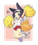  1girl buruma cheerleader female fox_tail hairband jumping kikuri_(mawaru) mawaru_(mawaru) multiple_tails one_eye_closed pom_poms solo tail whistle 