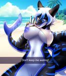 2016 5_fingers anthro areola barely_visible_genitalia beach big_nipples big_tail bikini bikini_top biped black_claws black_skin black_tail blue_eyes blue_hair blue_nipples blue_skin blue_sky blue_stripes blue_tail breasts claws clothed clothing cloud day detailed_background digital_media_(artwork) english_text f-ss female fin fish front_view gesture hair hi_res long_tail looking_at_viewer marine multicolored_hair multicolored_skin multicolored_tail navel nipples non-mammal_breasts nyx_sharkeh one_breast_out outside palm_tree partially_clothed pink_clothing pink_topwear pussy sand sea seaside seductive selfie shark short_hair sky solo standing striped_skin striped_tail stripes subtle_pussy swimsuit tail_fin tattoo teeth text thick_tail tree two_tone_hair v_sign water white_hair white_skin white_tail 