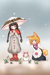  :d ;) ajirogasa animal_ears apron bangs black_dress blonde_hair blunt_bangs blush bow braid brown_hat capelet closed_mouth clothes_writing commentary_request dress eyebrows_visible_through_hair fox_ears fox_tail frilled_hat frills full_body gloves grass grey_dress hakurei_reimu hat jitome juliet_sleeves kemonomimi_mode kirisame_marisa kneeling long_dress long_hair long_sleeves marikichi_aniki multiple_girls one_eye_closed open_mouth own_hands_together pinafore_dress pink_gloves pink_scarf puffy_sleeves red_bow red_eyes red_legwear sandals scarf short_hair smile snow snowflakes snowing socks standing stick tail tareme touhou twin_braids v-shaped_eyebrows waist_apron white_apron yatadera_narumi yellow_bow yellow_eyes youkai_fox_(wild_and_horned_hermit) 