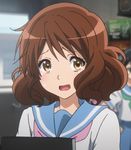  blurry blurry_background blush brown_hair d: hibike!_euphonium looking_at_viewer neckerchief open_mouth oumae_kumiko pink_neckwear raised_eyebrows school_uniform screencap serafuku shirt shocked_eyes sweat tareme upper_body white_shirt yellow_eyes 