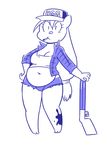  2017 4_fingers anthro barefoot belly breasts cleavage clothed clothing deep_navel digital_media_(artwork) dirty disfigure female gun hair hat hi_res hooves jacket long_hair looking_at_viewer mammal midriff monochrome navel pig porcine ranged_weapon shorts shotgun simple_background slightly_chubby smoking solo standing trucker_hat weapon wide_eyed 