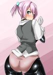  alternate_costume ass ayuayu_(shouyu_no_sato) blue_eyes blush bodysuit bodysuit_under_clothes dressing glove_pull gloves grey_vest hand_up kantai_collection latex lavender_hair looking_at_viewer looking_back panties partially_undressed pink_background pink_panties ponytail shiny shiny_clothes shiranui_(kantai_collection) shirt skin_tight solo taut_clothes thighs underwear vest white_gloves white_shirt wide_hips 