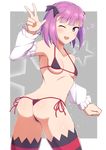  ass bikini blush breasts commentary_request detached_sleeves fate/grand_order fate_(series) hat helena_blavatsky_(fate/grand_order) highres looking_at_viewer micro_bikini one_eye_closed open_mouth purple_eyes purple_hair short_hair small_breasts smile solo star sukeberosu swimsuit thighhighs 