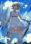 absurdres blonde_hair bow_(weapon) cloud crossbow day dress from_below gloves highres holographic_interface okuto original panties short_hair sky solo sword thighhighs underwear warrior weapon 