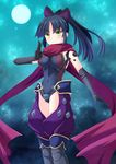 black_hair bow breasts cross_(crossryou) elbow_gloves fate/grand_order fate_(series) full_moon gloves hair_bow katou_danzou_(fate/grand_order) leotard long_hair looking_at_viewer medium_breasts moon ponytail red_scarf robot_joints scarf solo yellow_eyes 