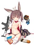  absurdres animal_ears black_bikini_bottom black_swimsuit brown_eyes brown_hair bunny_ears choker cup fang flat_chest gun hamachi_hazuki heart heart-shaped_pupils highres japanese_clothes kimono long_hair lowleg lowleg_panties machine_gun mug navel nipples off_shoulder open_mouth original panties print_legwear ribbon sandals sitting swimsuit symbol-shaped_pupils thighhighs topless twintails underwear untied weapon white_legwear yukata 