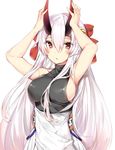  armpits arms_up bangs bare_shoulders blush bow breasts closed_mouth fate/grand_order fate_(series) hair_between_eyes hair_bow hair_ornament hair_over_breasts headband highres horns impossible_clothes impossible_shirt japanese_clothes large_breasts long_hair looking_at_viewer oni_horns parted_lips red_bow red_eyes shirt sideboob sidelocks silver_(chenwen) simple_background sleeveless sleeveless_shirt slit_pupils solo tomoe_gozen_(fate/grand_order) tsurime turtleneck upper_body very_long_hair white_background white_hair 