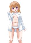  1girl arm_up blush breasts brown_hair erect_nipples flower gluteal_fold gochuumon_wa_usagi_desu_ka? hair_flower hair_ornament hairclip hoto_cocoa kaze_makase looking_at_viewer navel no_bra open_clothes open_mouth panties purple_eyes shirt short_hair simple_background small_breasts solo standing underboob underwear white_background white_panties 