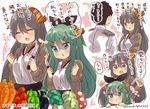  2girls :d ^_^ ^o^ admiral_(kantai_collection) alternate_costume aqua_eyes bell_pepper black_hair black_ribbon blush broccoli cabbage carrot casual closed_eyes commentary_request cosplay eggplant eighth_note food green_hair grey_eyes hair_between_eyes hair_ribbon hairband haruna_(kantai_collection) haruna_(kantai_collection)_(cosplay) headgear heart highres kantai_collection left-handed long_hair long_sleeves matching_outfit military military_uniform multiple_girls mushroom musical_note naval_uniform open_mouth pepper pout ribbon short_hair smile sparkle speech_bubble suzuki_toto sweater tomato translated uniform yamakaze_(kantai_collection) 