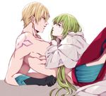  bad_id bad_pixiv_id black_gloves blonde_hair con_potata earrings enkidu_(fate/strange_fake) eye_contact fate/grand_order fate/strange_fake fate_(series) gilgamesh gilgamesh_(caster)_(fate) gloves green_hair hip_vent jewelry long_hair looking_at_another lying lying_on_person male_focus multiple_boys on_back pectorals red_eyes shirtless sweat tattoo yaoi yellow_eyes 