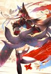  akagi_(azur_lane) animal_ears azur_lane black_gloves black_hair breasts fox_ears fox_tail from_behind gloves large_breasts long_hair looking_at_viewer multiple_tails partly_fingerless_gloves red_eyes sidelocks smile solo tail thighhighs tomoyohi 