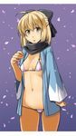  :o ahoge alto-00 ass_visible_through_thighs bikini black_bow blonde_hair bow cowboy_shot fate/grand_order fate_(series) gradient gradient_background grey_eyes hair_bow highres japanese_clothes letterboxed micro_bikini navel okita_souji_(fate) okita_souji_(fate)_(all) petals scarf solo standing swimsuit 