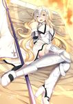  armor armored_dress blonde_hair blue_eyes blush breasts chain detached_sleeves fate/apocrypha fate_(series) fur-trimmed_legwear fur-trimmed_sleeves fur_trim headpiece high_heels highres jeanne_d'arc_(fate) jeanne_d'arc_(fate)_(all) large_breasts long_hair looking_at_viewer nebusoku saliva solo standard_bearer sweat thighs very_long_hair 