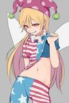  american_flag_legwear american_flag_shirt arm_behind_back ass_visible_through_thighs bare_arms blonde_hair breasts clownpiece commentary_request contrapposto cowboy_shot eyebrows_visible_through_hair fairy_wings grey_background grin hair_between_eyes half-closed_eyes hand_up hat jester_cap lifted_by_self long_hair looking_at_viewer marsen medium_breasts naughty_face navel neck_ruff pantyhose polka_dot red_eyes ringed_eyes shirt shirt_lift short_sleeves simple_background smile smirk solo sports_bra standing star star_print stomach striped striped_legwear touhou wings 